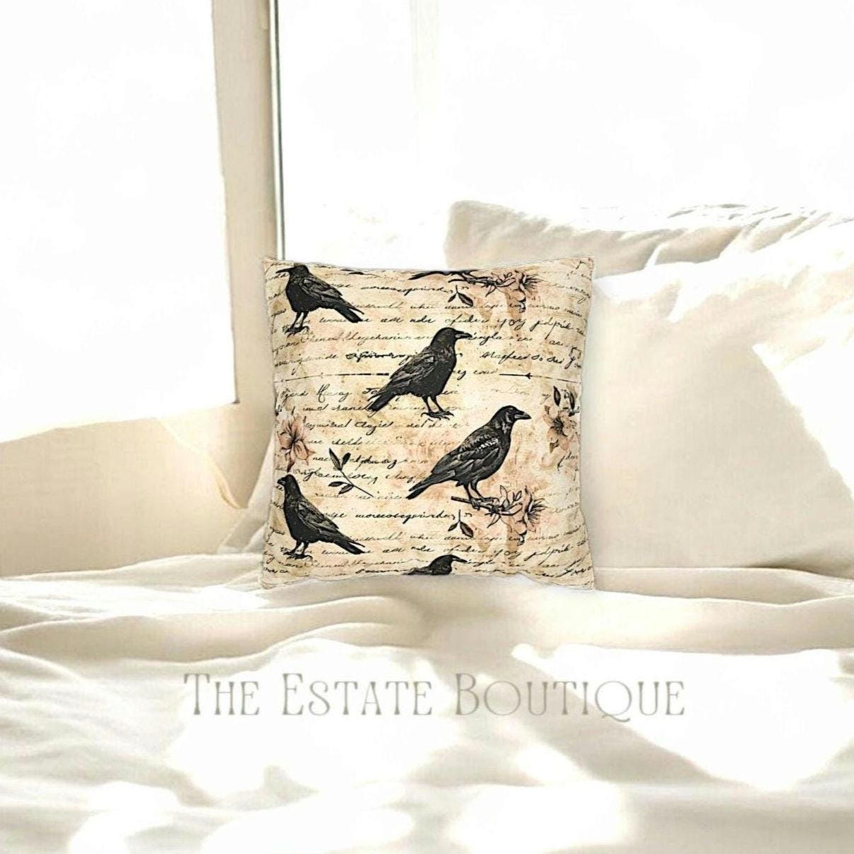 Vintage Black Crow Raven Throw Pillow Case Cover - TheEstateBoutique